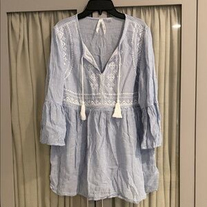 Maternity White and Blue Striped Tunic with Tassels